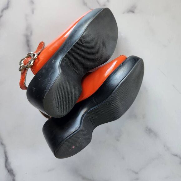 French 70s vintage glossy patent orange slingback wedge peep open toe size 12 ki - Picture 8 of 8